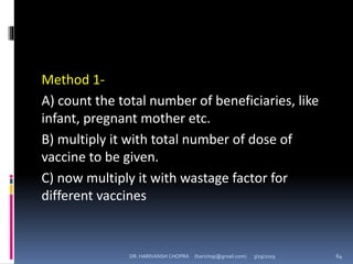 Method 1-
A) count the total number of beneficiaries, like
infant, pregnant mother etc.
B) multiply it with total number of dose of
vaccine to be given.
C) now multiply it with wastage factor for
different vaccines
DR. HARIVANSH CHOPRA (harichop@gmail.com) 3/19/2019 64
 
