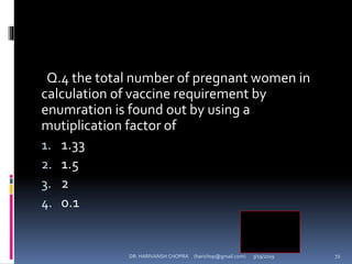 Q.4 the total number of pregnant women in
calculation of vaccine requirement by
enumration is found out by using a
mutiplication factor of
1. 1.33
2. 1.5
3. 2
4. 0.1
3
DR. HARIVANSH CHOPRA (harichop@gmail.com) 3/19/2019 72
 