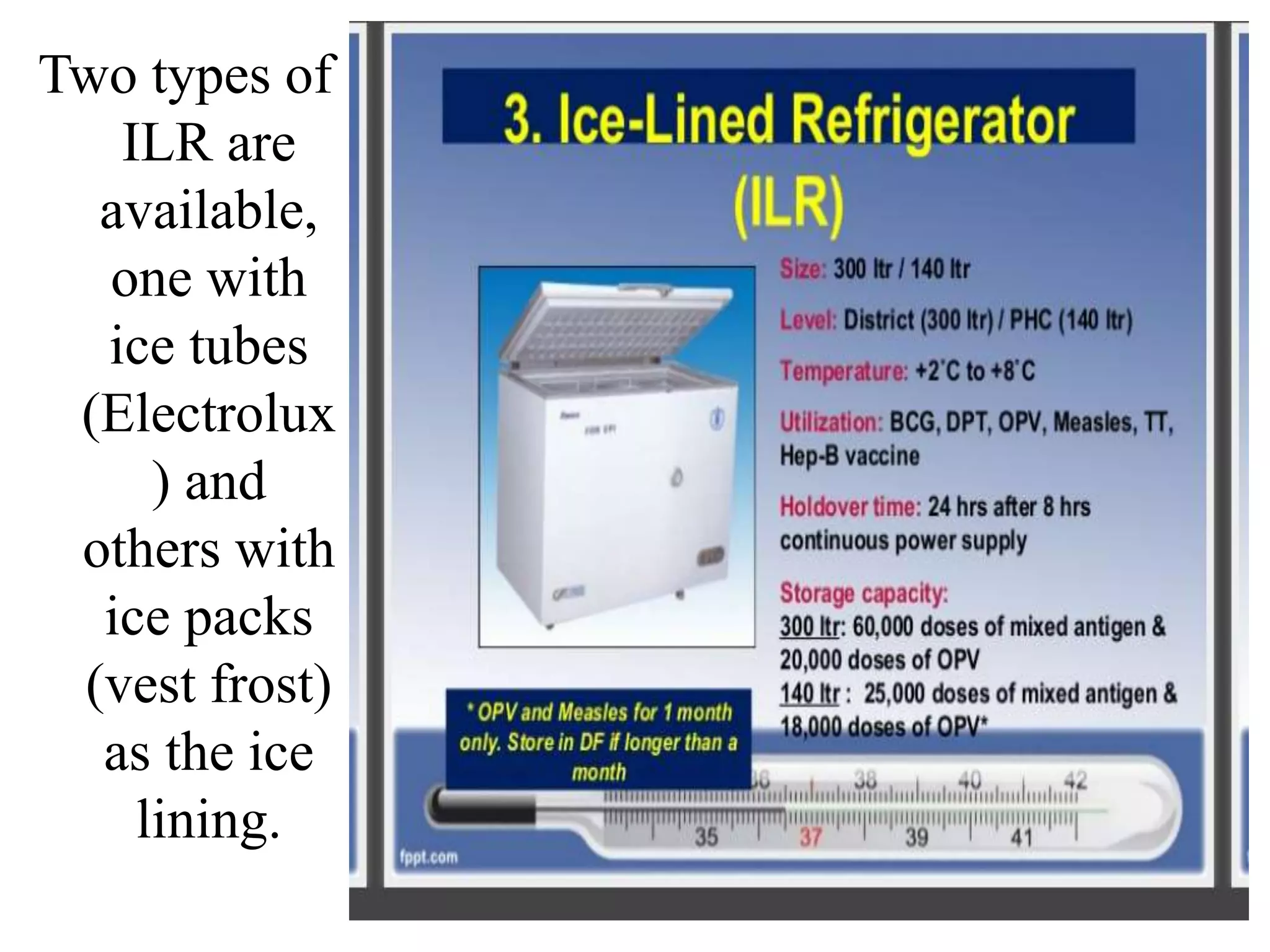Two types of
ILR are
available,
one with
ice tubes
(Electrolux
) and
others with
ice packs
(vest frost)
as the ice
lining.
 