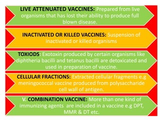 LIVE ATTENUATED VACCINES: Prepared from live
organisms that has lost their ability to produce full
blown disease.
INACTIVATED OR KILLED VACCINES: Suspension of
inactivated or killed organisms
TOXIODS: Exotoxin produced by certain organisms like
diphtheria bacilli and tetanus bacilli are detoxicated and
used in preparation of vaccine.
CELLULAR FRACTIONS: Extracted cellular fragments e.g
meningococcal vaccine produced from polysaccharide
cell wall of antigen.
V. COMBINATION VACCINE: More than one kind of
immunizing agents are included in a vaccine e.g DPT,
MMR & DT etc.
 