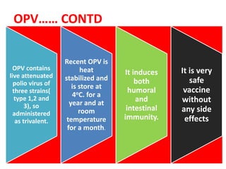 OPV…… CONTD
OPV contains
live attenuated
polio virus of
three strains(
type 1,2 and
3), so
administered
as trivalent.
Recent OPV is
heat
stabilized and
is store at
4oC. for a
year and at
room
temperature
for a month.
It induces
both
humoral
and
intestinal
immunity.
It is very
safe
vaccine
without
any side
effects
 