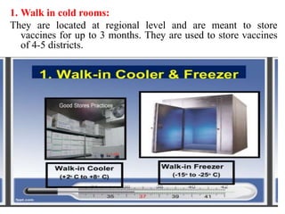 1. Walk in cold rooms:
They are located at regional level and are meant to store
vaccines for up to 3 months. They are used to store vaccines
of 4-5 districts.
 