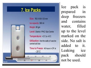 • Ice pack is
prepared in
deep freezers
and contains
water, filled
up to the level
marked on the
side. No salt is
added to it.
Leaking ice
pack should
not be used.
 