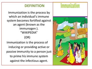 DEFINITION
Immunization is the process by
which an individual's immune
system becomes fortified against
an agent (known as the
immunogen ).
“WIKIPEDIA”
(OR)
Immunization is the process of
inducing or providing active or
passive immunity to a person just
to prime his immune system
against the infectious agent.
 