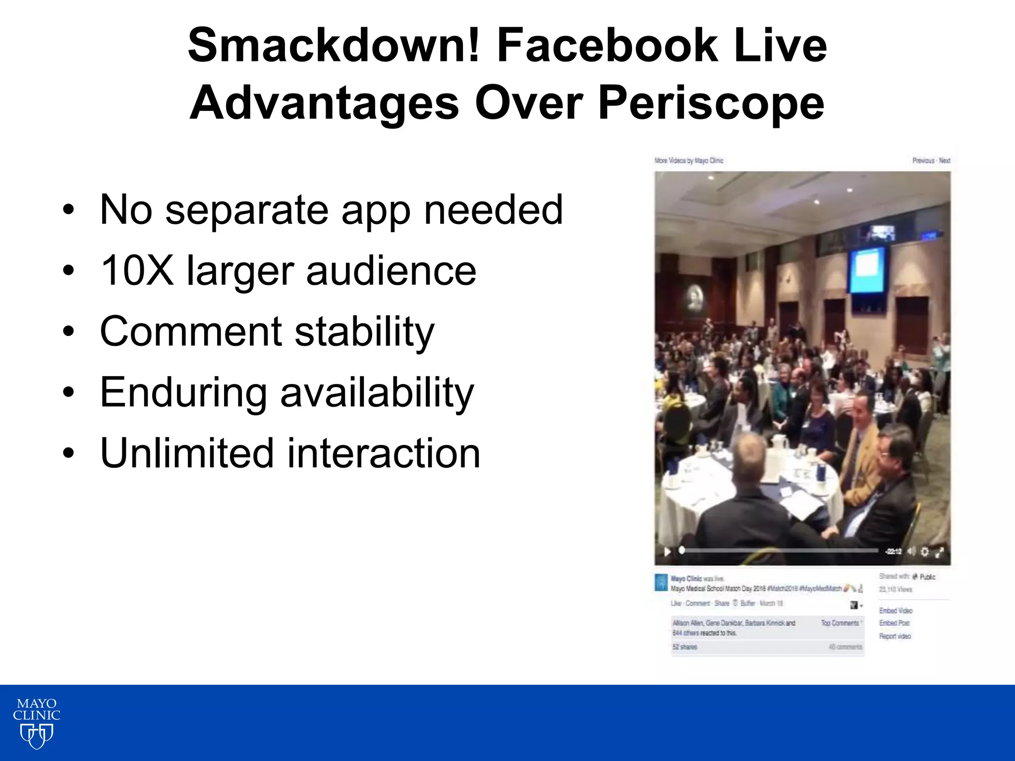 8
5
Smackdown! Facebook Live
Advantages Over Periscope
• No separate app needed
• 10X larger audience
• Comment stability
• Enduring availability
• Unlimited interaction
 