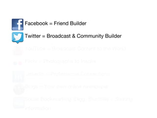 • Facebook = Friend Builder
• Twitter = Broadcast & Community Builder
• YouTube = Broadcast Content to the World
• Flickr = Photographs to Inspire
• LinkedIn = Professional Connections
• Blogs = Your own online newspaper
• Social Bookmarking (Digg, Stumble) = Sharing
information

 