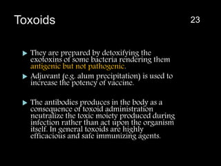 Toxoids
 They are prepared by detoxifying the
exotoxins of some bacteria rendering them
antigenic but not pathogenic.
 Adjuvant (e.g. alum precipitation) is used to
increase the potency of vaccine.
 The antibodies produces in the body as a
consequence of toxoid administration
neutralize the toxic moiety produced during
infection rather than act upon the organism
itself. In general toxoids are highly
efficacious and safe immunizing agents.
23
 
