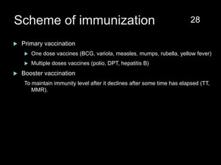 Scheme of immunization
 Primary vaccination
 One dose vaccines (BCG, variola, measles, mumps, rubella, yellow fever)
 Multiple doses vaccines (polio, DPT, hepatitis B)
 Booster vaccination
To maintain immunity level after it declines after some time has elapsed (TT,
MMR).
28
 