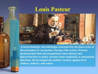 Louis Pasteur
French biologist, microbiologist renowned for his discoveries of
the principles of vaccination, During 19th century Pasteur
demonstrated that microorganisms cause disease and
discovered how to make vaccines from weakened, or attenuated,
microbes. He developed the earliest vaccines against fowl
cholera, anthrax, and rabies
 