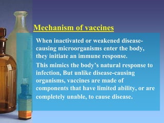 When inactivated or weakened disease-
causing microorganisms enter the body,
they initiate an immune response.
This mimics the body’s natural response to
infection, But unlike disease-causing
organisms, vaccines are made of
components that have limited ability, or are
completely unable, to cause disease.
Mechanism of vaccines
 