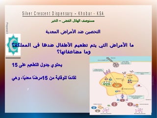 10/09/12
7
PreparedByDrGamalSoliman
S ilv e r C r e s c e n t D is p e n s a r y – K h o b a r - K S A
–‫الخبر‬ ‫الفضى‬ ‫الهلل‬ ‫مستوصف‬–‫الخبر‬ ‫الفضى‬ ‫الهلل‬ ‫مستوصف‬
‫المعدية‬ ‫المراض‬ ‫ضد‬ ‫التحصين‬‫المعدية‬ ‫المراض‬ ‫ضد‬ ‫التحصين‬
‫المملكة؟‬ ‫في‬ ‫ضدها‬ ‫الطفال‬ ‫تطعيم‬ ‫يتم‬ ‫التي‬ ‫المراض‬ ‫ما‬‫المملكة؟‬ ‫في‬ ‫ضدها‬ ‫الطفال‬ ‫تطعيم‬ ‫يتم‬ ‫التي‬ ‫المراض‬ ‫ما‬
‫مضاعفاتها؟‬ ‫وما‬‫مضاعفاتها؟‬ ‫وما‬
‫على‬ ‫التطعيم‬ ‫جدول‬ ‫يحتوي‬‫على‬ ‫التطعيم‬ ‫جدول‬ ‫يحتوي‬1515
‫من‬ ‫للوقاية‬ ‫حا‬ً‫ا‬ ‫لقا‬‫من‬ ‫للوقاية‬ ‫حا‬ً‫ا‬ ‫لقا‬1515‫وهي‬ ،‫يا‬ً‫ا‬‫معد‬ ‫ضا‬ً‫ا‬ ‫مر‬‫وهي‬ ،‫يا‬ً‫ا‬‫معد‬ ‫ضا‬ً‫ا‬ ‫مر‬
 