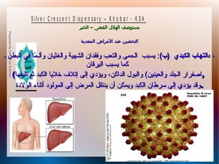 10/09/12
9
PreparedByDrGamalSoliman
S ilv e r C r e s c e n t D is p e n s a r y – K h o b a r - K S A
–‫الخبر‬ ‫الفضى‬ ‫الهلل‬ ‫مستوصف‬–‫الخبر‬ ‫الفضى‬ ‫الهلل‬ ‫مستوصف‬
‫المعدية‬ ‫المراض‬ ‫ضد‬ ‫التحصين‬‫المعدية‬ ‫المراض‬ ‫ضد‬ ‫التحصين‬
-- ‫ال‬‫ال‬(‫)ب‬ ‫الكبدي‬ ‫التهاب‬(‫)ب‬ ‫الكبدي‬ ‫التهاب‬‫البطن‬ ‫في‬ ‫م ا‬ً‫ا‬ ‫وألـ‬ ‫والغثي ان‬ ‫الشهية‬ ‫وفقدان‬ ‫والتعب‬ ‫الحمى‬ ‫يسبب‬ :‫البطن‬ ‫في‬ ‫م ا‬ً‫ا‬ ‫وألـ‬ ‫والغثي ان‬ ‫الشهية‬ ‫وفقدان‬ ‫والتعب‬ ‫الحمى‬ ‫يسبب‬ : ،،
‫اليرق ان‬ ‫يسبب‬ ‫كم ا‬‫اليرق ان‬ ‫يسبب‬ ‫كم ا‬
((‫تليفه ا‬ ‫ثم‬ ‫الكبد‬ ‫خلي ا‬ ‫إتل ف‬ ‫إلى‬ ‫ويؤدي‬ ،‫الداكن‬ ‫والبول‬ (‫والعينين‬ ‫الجلد‬ ‫اصفرار‬‫تليفه ا‬ ‫ثم‬ ‫الكبد‬ ‫خلي ا‬ ‫إتل ف‬ ‫إلى‬ ‫ويؤدي‬ ،‫الداكن‬ ‫والبول‬ (‫والعينين‬ ‫الجلد‬ ‫اصفرار‬,,
‫الولدة‬ ‫أثن اء‬ ‫المولود‬ ‫إلى‬ ‫المرض‬ ‫ينتقل‬ ‫أن‬ ‫ويمكن‬ ‫الكبد‬ ‫سرط ان‬ ‫إلى‬ ‫يؤدي‬ ‫وقد‬‫الولدة‬ ‫أثن اء‬ ‫المولود‬ ‫إلى‬ ‫المرض‬ ‫ينتقل‬ ‫أن‬ ‫ويمكن‬ ‫الكبد‬ ‫سرط ان‬ ‫إلى‬ ‫يؤدي‬ ‫وقد‬..
 