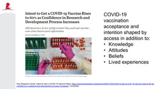 Pew Research Center. Intent to Get a COVID-19 Vaccine Rises: https://www.pewresearch.org/science/2020/12/03/intent-to-get-a-covid-19-vaccine-rises-to-60-as-
confidence-in-research-and-development-process-increases/ (12/3/2020)
COVID-19
vaccination
acceptance and
intention shaped by
access in addition to:
• Knowledge
• Attitudes
• Beliefs
• Lived experiences
 