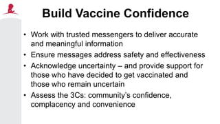 Build Vaccine Confidence
• Work with trusted messengers to deliver accurate
and meaningful information
• Ensure messages address safety and effectiveness
• Acknowledge uncertainty – and provide support for
those who have decided to get vaccinated and
those who remain uncertain
• Assess the 3Cs: community’s confidence,
complacency and convenience
 