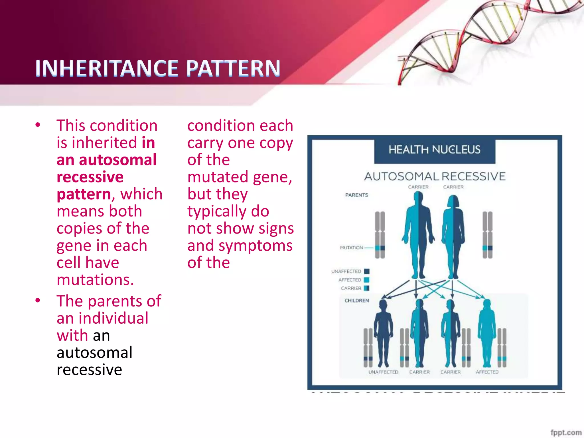 • This condition
is inherited in
an autosomal
recessive
pattern, which
means both
copies of the
gene in each
cell have
mutations.
• The parents of
an individual
with an
autosomal
recessive
condition each
carry one copy
of the
mutated gene,
but they
typically do
not show signs
and symptoms
of the
condition.
 