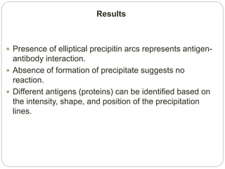 Results
 Presence of elliptical precipitin arcs represents antigen-
antibody interaction.
 Absence of formation of precipitate suggests no
reaction.
 Different antigens (proteins) can be identified based on
the intensity, shape, and position of the precipitation
lines.
 