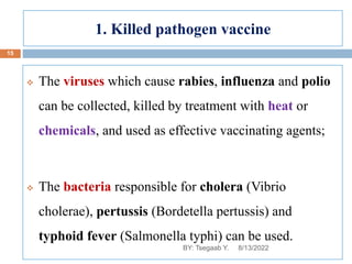 1. Killed pathogen vaccine
 The viruses which cause rabies, influenza and polio
can be collected, killed by treatment with heat or
chemicals, and used as effective vaccinating agents;
 The bacteria responsible for cholera (Vibrio
cholerae), pertussis (Bordetella pertussis) and
typhoid fever (Salmonella typhi) can be used.
8/13/2022
15
BY: Tsegaab Y.
 