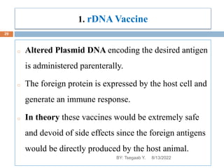 1. rDNA Vaccine
o Altered Plasmid DNA encoding the desired antigen
is administered parenterally.
o The foreign protein is expressed by the host cell and
generate an immune response.
o In theory these vaccines would be extremely safe
and devoid of side effects since the foreign antigens
would be directly produced by the host animal.
8/13/2022
29
BY: Tsegaab Y.
 