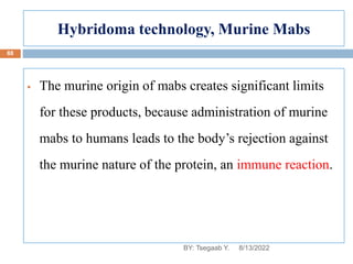Hybridoma technology, Murine Mabs
 The murine origin of mabs creates significant limits
for these products, because administration of murine
mabs to humans leads to the body’s rejection against
the murine nature of the protein, an immune reaction.
8/13/2022
88
BY: Tsegaab Y.
 