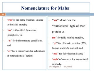 Nomenclature for Mabs
 ‘tras’ is the name fragment unique
to the Mab protein;
 ‘‘tu’’ is identified for cancer
indications, vs.
 ‘‘li’’ for inflammatory conditions,
and
 ‘‘ci’’ for a cardiovascular indications
or mechanisms of action;
 ‘‘zu’’ identifies the
‘‘humanized’’ type of Mab
protein vs
 mo’’ for fully murine proteins,
 ‘‘xi’’ for chimeric proteins (75%
human and 25% murine), and
 ‘‘mu’’ for fully human Mabs;
 ‘mab’ of course is for monoclonal
antibody.
100
8/13/2022
BY: Tsegaab Y.
 