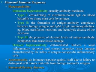  Abnormal Immune ResponsesAbnormal Immune Responses

Hypersensitivity:Hypersensitivity:
• Immediate hypersensitivityImmediate hypersensitivity: usually antibody-mediated.: usually antibody-mediated.

Type :ⅠType :Ⅰ cross-linking of membrane-bound IgE on bloodcross-linking of membrane-bound IgE on blood
basophils or tissue mast cells by antigen.basophils or tissue mast cells by antigen.

Type :ⅡType :Ⅱ the formation of antigen-antibody complexesthe formation of antigen-antibody complexes
between foreign antigen and IgM or IgG immunoglobulins.between foreign antigen and IgM or IgG immunoglobulins.
eg, blood transfusion reactions and hemolytic disease of theeg, blood transfusion reactions and hemolytic disease of the
newborn.newborn.

Type :ⅢType :Ⅲ the presence of elevated levels of antigen-antibodythe presence of elevated levels of antigen-antibody
complexes that cause tissue damage.complexes that cause tissue damage.
• Delayed hypersensitivityDelayed hypersensitivity: cell-mediated. Induces a local: cell-mediated. Induces a local
inflammatory response and causes extensive tissue damageinflammatory response and causes extensive tissue damage
characterized by the influx of antigen-nonspecific inflammatorycharacterized by the influx of antigen-nonspecific inflammatory
cells.cells.

Autoimmunity:Autoimmunity: an immune response against itself due to failure toan immune response against itself due to failure to
distinguish self tissues and cells from foreign (nonself) antigens.distinguish self tissues and cells from foreign (nonself) antigens.

Immunodeficiency diseases:Immunodeficiency diseases:
 