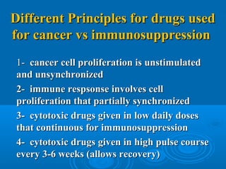 1-1- cancer cell proliferation is unstimulatedcancer cell proliferation is unstimulated
and unsynchronizedand unsynchronized
2- immune respsonse involves cell2- immune respsonse involves cell
proliferation that partially synchronizedproliferation that partially synchronized
3- cytotoxic drugs given in low daily doses3- cytotoxic drugs given in low daily doses
that continuous for immunosuppressionthat continuous for immunosuppression
4- cytotoxic drugs given in high pulse course4- cytotoxic drugs given in high pulse course
every 3-6 weeks (allows recovery)every 3-6 weeks (allows recovery)
Different Principles for drugs usedDifferent Principles for drugs used
for cancer vs immunosuppressionfor cancer vs immunosuppression
 