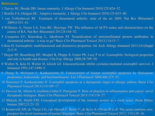 References:References:
1 Turvey SE, Broide DH. Innate immunity. J Allergy Clin Immunol 2010;125:S24–32.1 Turvey SE, Broide DH. Innate immunity. J Allergy Clin Immunol 2010;125:S24–32.
2 Bonilla FA, Oettgen HC. Adaptive immunity. J Allergy Clin Immunol 2010;125:S33–40.2 Bonilla FA, Oettgen HC. Adaptive immunity. J Allergy Clin Immunol 2010;125:S33–40.
3 van Vollenhoven RF. Treatment of rheumatoid arthritis: state of the art 2009. Nat Rev Rheumatol3 van Vollenhoven RF. Treatment of rheumatoid arthritis: state of the art 2009. Nat Rev Rheumatol
2009;5:531–41.2009;5:531–41.
4 Willemze A, Trouw LA, Toes RE, Huizinga TW. The influence of ACPA status and characteristics on the4 Willemze A, Trouw LA, Toes RE, Huizinga TW. The influence of ACPA status and characteristics on the
course of RA. Nat Rev Rheumatol 2012;8:144–52.course of RA. Nat Rev Rheumatol 2012;8:144–52.
5 Cerqueira CF, Klareskog L, Jakobsson PJ. Neutralization of anticitrullinated protein antibodies in5 Cerqueira CF, Klareskog L, Jakobsson PJ. Neutralization of anticitrullinated protein antibodies in
rheumatoid arthritis - a way to go? Basic Clin Pharmacol Toxicol 2013;114:13–7.rheumatoid arthritis - a way to go? Basic Clin Pharmacol Toxicol 2013;114:13–7.
6 Kita H. Eosinophils: multifunctional and distinctive properties. Int Arch Allergy Immunol 2013;161(Suppl6 Kita H. Eosinophils: multifunctional and distinctive properties. Int Arch Allergy Immunol 2013;161(Suppl
2):3–9.2):3–9.
7 Hogan SP, Rosenberg HF, Moqbel R, Phipps S, Foster PS, Lacy P et al. Eosinophils: biological properties7 Hogan SP, Rosenberg HF, Moqbel R, Phipps S, Foster PS, Lacy P et al. Eosinophils: biological properties
and role in health and disease. Clin Exp Allergy 2008;38:709–50.and role in health and disease. Clin Exp Allergy 2008;38:709–50.
8 Wallen N, Kita H, Weiler D, Gleich GJ. Glucocorticoids inhibit cytokine-mediated eosinophil survival. J8 Wallen N, Kita H, Weiler D, Gleich GJ. Glucocorticoids inhibit cytokine-mediated eosinophil survival. J
Immunol 1991;147:3490–5.Immunol 1991;147:3490–5.
9 Zhang X, Moilanen E, Kankaanranta H. Enhancement of human eosinophil apoptosis by fluticasone9 Zhang X, Moilanen E, Kankaanranta H. Enhancement of human eosinophil apoptosis by fluticasone
propionate, budesonide, and beclomethasone. Eur J Pharmacol 2000;406:325–32.propionate, budesonide, and beclomethasone. Eur J Pharmacol 2000;406:325–32.
10 Ilmarinen P, Kankaanranta H. Eosinophil apoptosis as a therapeutic target in allergic asthma. Basic Clin10 Ilmarinen P, Kankaanranta H. Eosinophil apoptosis as a therapeutic target in allergic asthma. Basic Clin
Pharmacol Toxicol 2013;114:109–17.Pharmacol Toxicol 2013;114:109–17.
11 Dovizio M, Alberti S, Guillem-Llobat P, Patrignani P. Role of platelets in inflammation and cancer: novel11 Dovizio M, Alberti S, Guillem-Llobat P, Patrignani P. Role of platelets in inflammation and cancer: novel
therapeutic strategies. Basic Clin Pharmacol Toxicol 2013;114:118–27.therapeutic strategies. Basic Clin Pharmacol Toxicol 2013;114:118–27.
12 Blalock JE, Smith EM. Conceptual development of the immune system as a sixth sense. Brain Behav12 Blalock JE, Smith EM. Conceptual development of the immune system as a sixth sense. Brain Behav
Immun 2007;21:23–33.Immun 2007;21:23–33.
13 Kraneveld AD, de Theije CG, van Heesch F, Borre Y, de Kivit S, Olivier B et al. The neuro-immune axis:13 Kraneveld AD, de Theije CG, van Heesch F, Borre Y, de Kivit S, Olivier B et al. The neuro-immune axis:
prospect for novel treatments of mental disorders. Basic Clin Pharmacol Toxicol 2013; 114:128–36.prospect for novel treatments of mental disorders. Basic Clin Pharmacol Toxicol 2013; 114:128–36.
 