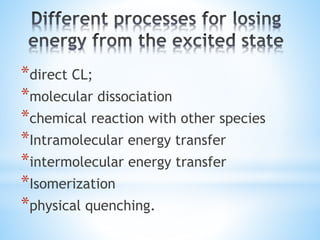 *direct CL;
*molecular dissociation
*chemical reaction with other species
*Intramolecular energy transfer
*intermolecular energy transfer
*Isomerization
*physical quenching.
 