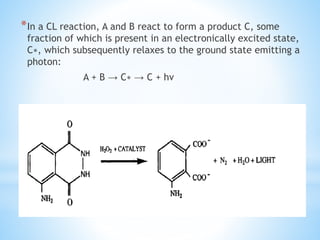 *In a CL reaction, A and B react to form a product C, some
fraction of which is present in an electronically excited state,
C∗, which subsequently relaxes to the ground state emitting a
photon:
A + B → C∗ → C + hν
 
