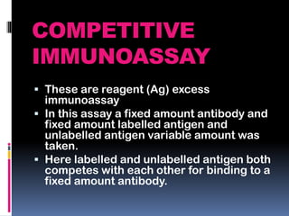 COMPETITIVE
IMMUNOASSAY
 These are reagent (Ag) excess
immunoassay
 In this assay a fixed amount antibody and
fixed amount labelled antigen and
unlabelled antigen variable amount was
taken.
 Here labelled and unlabelled antigen both
competes with each other for binding to a
fixed amount antibody.
 