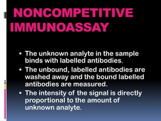 NONCOMPETITIVE
IMMUNOASSAY
 The unknown analyte in the sample
binds with labelled antibodies.
 The unbound, labelled antibodies are
washed away and the bound labelled
antibodies are measured.
 The intensity of the signal is directly
proportional to the amount of
unknown analyte.
 