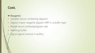 Cont.
 Reagents:
• Sample( serum containing digoxin)
• Digoxin tracer reagent( digoxin-HRP in a buffer dye)
• Rabbit serum antibody(digoxin-ab)
• Washing buffer
• Signal agent( luminol in buffer).
 