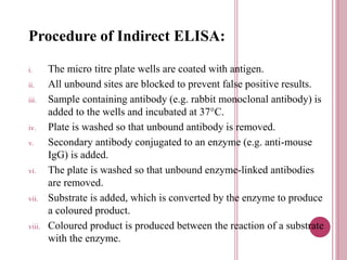 Procedure of Indirect ELISA:
i. The micro titre plate wells are coated with antigen.
ii. All unbound sites are blocked to prevent false positive results.
iii. Sample containing antibody (e.g. rabbit monoclonal antibody) is
added to the wells and incubated at 37°C.
iv. Plate is washed so that unbound antibody is removed.
v. Secondary antibody conjugated to an enzyme (e.g. anti-mouse
IgG) is added.
vi. The plate is washed so that unbound enzyme-linked antibodies
are removed.
vii. Substrate is added, which is converted by the enzyme to produce
a coloured product.
viii. Coloured product is produced between the reaction of a substrate
with the enzyme.
 