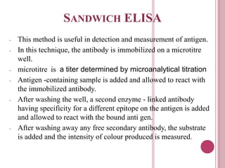 SANDWICH ELISA
- This method is useful in detection and measurement of antigen.
- In this technique, the antibody is immobilized on a microtitre
well.
- microtitre is a titer determined by microanalytical titration
- Antigen -containing sample is added and allowed to react with
the immobilized antibody.
- After washing the well, a second enzyme - linked antibody
having specificity for a different epitope on the antigen is added
and allowed to react with the bound anti gen.
- After washing away any free secondary antibody, the substrate
is added and the intensity of colour produced is measured.
 