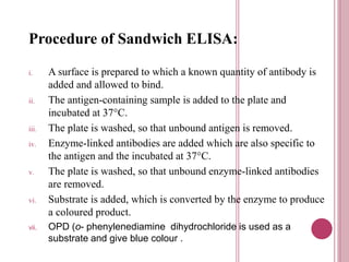 Procedure of Sandwich ELISA:
i. A surface is prepared to which a known quantity of antibody is
added and allowed to bind.
ii. The antigen-containing sample is added to the plate and
incubated at 37°C.
iii. The plate is washed, so that unbound antigen is removed.
iv. Enzyme-linked antibodies are added which are also specific to
the antigen and the incubated at 37°C.
v. The plate is washed, so that unbound enzyme-linked antibodies
are removed.
vi. Substrate is added, which is converted by the enzyme to produce
a coloured product.
vii. OPD (o- phenylenediamine dihydrochloride is used as a
substrate and give blue colour .
 