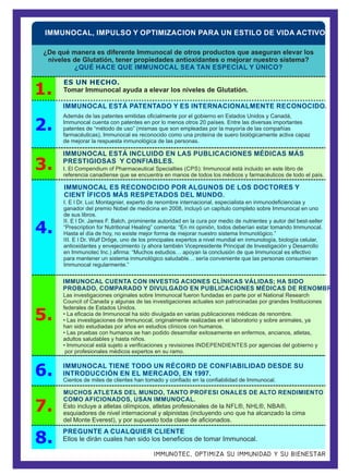 IMMUNOTEC, OPTIMIZA SU IMMUNIDAD Y SU BIENESTAR
ES UN HECHO.
Tomar Immunocal ayuda a elevar los niveles de Glutatión.
IMMUNOCAL, IMPULSO Y OPTIMIZACION PARA UN ESTILO DE VIDA ACTIVO
¿De qué manera es diferente Immunocal de otros productos que aseguran elevar los
niveles de Glutatión, tener propiedades antioxidantes o mejorar nuestro sistema?
¿QUÉ HACE QUE IMMUNOCAL SEA TAN ESPECIAL Y ÚNICO?
PREGUNTE A CUALQUIER CLIENTE
Ellos le dirán cuales han sido los beneﬁcios de tomar Immunocal.
7.
6.
4.
3.
2.
1.
5.
8.
MUCHOS ATLETAS DEL MUNDO, TANTO PROFESI ONALES DE ALTO RENDIMIENTO
COMO AFICIONADOS, USAN IMMUNOCAL.
Esto incluye a atletas olímpicos, atletas profesionales de la NFL®, NHL®, NBA®,
esquiadores de nivel internacional y alpinistas (incluyendo uno que ha alcanzado la cima
del Monte Everest), y por supuesto toda clase de aﬁcionados.
IMMUNOCAL CUENTA CON INVESTIG ACIONES CLÍNICAS VÁLIDAS; HA SIDO
PROBADO, COMPARADO Y DIVULGADO EN PUBLICACIONES MÉDICAS DE RENOMBRE.
Las investigaciones originales sobre Immunocal fueron fundadas en parte por el National Research
Council of Canada y algunas de las investigaciones actuales son patrocinadas por grandes Instituciones
federales de Estados Unidos.
• La eﬁcacia de Immunocal ha sido divulgada en varias publicaciones médicas de renombre.
• Las investigaciones de Immunocal, originalmente realizadas en el laboratorio y sobre animales, ya
han sido estudiadas por años en estudios clínicos con humanos.
• Las pruebas con humanos se han podido desarrollar exitosamente en enfermos, ancianos, atletas,
adultos saludables y hasta niños.
• Immunocal está sujeto a veriﬁcaciones y revisiones INDEPENDIENTES por agencias del gobierno y
por profesionales médicos expertos en su ramo.
I. E l Dr. Luc Montagnier, experto de renombre internacional, especialista en inmunodeﬁciencias y
ganador del premio Nobel de medicina en 2008, incluyó un capítulo completo sobre Immunocal en uno
de sus libros.
II. E l Dr. James F. Balch, prominente autoridad en la cura por medio de nutrientes y autor del best-seller
“Prescription for Nutritional Healing” comenta: “En mi opinión, todos deberían estar tomando Immunocal.
Hasta el día de hoy, no existe mejor forma de mejorar nuestro sistema Inmunológico.”
III. E l Dr. Wulf Dröge, uno de los principales expertos a nivel mundial en inmunología, biología celular,
antioxidantes y envejecimiento (y ahora también Vicepresidente Principal de Investigación y Desarrollo
en Immunotec Inc.) aﬁrma: “Muchos estudios… apoyan la conclusión de que Immunocal es efectivo
para mantener un sistema inmunológico saludable… sería conveniente que las personas consumieran
Immunocal regularmente.”
IMMUNOCAL ES RECONOCIDO POR ALGUNOS DE LOS DOCTORES Y
CIENT ÍFICOS MÁS RESPETADOS DEL MUNDO.
IMMUNOCAL TIENE TODO UN RÉCORD DE CONFIABILIDAD DESDE SU
INTRODUCCIÓN EN EL MERCADO, EN 1997.
Cientos de miles de clientes han tomado y conﬁado en la conﬁabilidad de Immunocal.
Además de las patentes emitidas oﬁcialmente por el gobierno en Estados Unidos y Canadá,
Immunocal cuenta con patentes en por lo menos otros 20 países. Entre las diversas importantes
patentes de “método de uso” (mismas que son empleadas por la mayoría de las compañías
farmacéuticas), Immunocal es reconocido como una proteína de suero biológicamente activa capaz
de mejorar la respuesta inmunológica de las personas.
IMMUNOCAL ESTÁ PATENTADO Y ES INTERNACIONALMENTE RECONOCIDO.
IMMUNOCAL ESTÁ INCLUIDO EN LAS PUBLICACIONES MÉDICAS MÁS
PRESTIGIOSAS Y CONFIABLES.
I. El Compendium of Pharmaceutical Specialties (CPS): Immunocal está incluido en este libro de
referencia canadiense que se encuentra en manos de todos los médicos y farmacéuticos de todo el país.
 