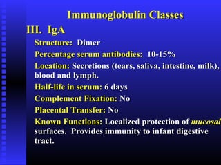 Immunoglobulin ClassesImmunoglobulin Classes
III. IgAIII. IgA
Structure:Structure: DimerDimer
Percentage serum antibodies:Percentage serum antibodies: 10-15%10-15%
Location:Location: Secretions (tears, saliva, intestine, milk),Secretions (tears, saliva, intestine, milk),
blood and lymph.blood and lymph.
Half-life in serum:Half-life in serum: 6 days6 days
Complement Fixation:Complement Fixation: NoNo
Placental Transfer:Placental Transfer: NoNo
Known Functions:Known Functions: Localized protection ofLocalized protection of mucosalmucosal
surfaces. Provides immunity to infant digestivesurfaces. Provides immunity to infant digestive
tract.tract.
 