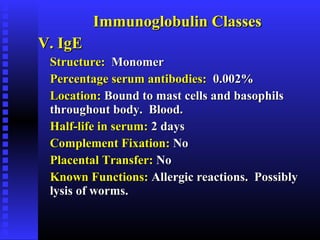 Immunoglobulin ClassesImmunoglobulin Classes
V. IgEV. IgE
Structure:Structure: MonomerMonomer
Percentage serum antibodies:Percentage serum antibodies: 0.002%0.002%
Location:Location: Bound to mast cells and basophilsBound to mast cells and basophils
throughout body. Blood.throughout body. Blood.
Half-life in serum:Half-life in serum: 2 days2 days
Complement Fixation:Complement Fixation: NoNo
Placental Transfer:Placental Transfer: NoNo
Known Functions:Known Functions: Allergic reactions. PossiblyAllergic reactions. Possibly
lysis of worms.lysis of worms.
 