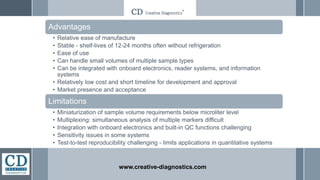 Advantages
• Relative ease of manufacture
• Stable - shelf-lives of 12-24 months often without refrigeration
• Ease of use
• Can handle small volumes of multiple sample types
• Can be integrated with onboard electronics, reader systems, and information
systems
• Relatively low cost and short timeline for development and approval
• Market presence and acceptance
Limitations
• Miniaturization of sample volume requirements below microliter level
• Multiplexing: simultaneous analysis of multiple markers difficult
• Integration with onboard electronics and built-in QC functions challenging
• Sensitivity issues in some systems
• Test-to-test reproducibility challenging - limits applications in quantitative systems
www.creative-diagnostics.com
 