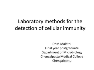 Laboratory methods for the
detection of cellular immunity
Dr.M.Malathi
Final year postgraduate
Department of Microbiology
Chengalpattu Medical College
Chengalpattu
 
