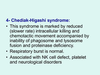 4- Chediak-Higashi syndrome:
• This syndrome is marked by reduced
(slower rate) intracellular killing and
chemotactic movement accompanied by
inability of phagosome and lysosome
fusion and proteinase deficiency.
• Respiratory burst is normal.
• Associated with NK cell defect, platelet
and neurological disorders
 
