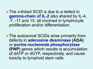 ➢The x-linked SCID is due to a defect in
gamma-chain of IL-2 also shared by IL-4,
-7, -11 and 15, all involved in lymphocyte
proliferation and/or differentiation.
➢The autosomal SCIDs arise primarily from
defects in adenosine deaminase (ADA)
or purine nucleoside phosphorylase
(PNP) genes which results is accumulation
of dATP or dGTP, respectively, and cause
toxicity to lymphoid stem cells
 