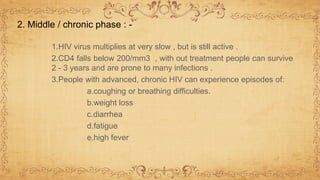 1.HIV virus multiplies at very slow , but is still active .
2.CD4 falls below 200/mm3 , with out treatment people can survive
2 - 3 years and are prone to many infections .
3.People with advanced, chronic HIV can experience episodes of:
a.coughing or breathing difficulties.
b.weight loss
c.diarrhea
d.fatigue
e.high fever
2. Middle / chronic phase : -
 