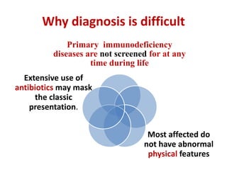 Why diagnosis is difficult
Primary immunodeficiency
diseases are not screened for at any
time during life
Most affected do
not have abnormal
physical features
Extensive use of
antibiotics may mask
the classic
presentation.
 