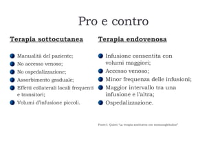 Pro e contro Terapia sottocutanea Manualità del paziente; No accesso venoso; No ospedalizzazione; Assorbimento graduale; Effetti collaterali locali frequenti e transitori; Volumi d’infusione piccoli. Terapia endovenosa Infusione consentita con volumi maggiori; Accesso venoso; Minor frequenza delle infusioni; Maggior intervallo tra una infusione e l’altra; Ospedalizzazione. Fonte:I. Quinti “La terapia sostitutiva con immunoglobuline” 