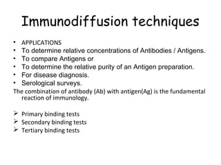 Immunodiffusion techniques
• APPLICATIONS
• To determine relative concentrations of Antibodies / Antigens.
• To compare Antigens or
• To determine the relative purity of an Antigen preparation.
• For disease diagnosis.
• Serological surveys.
The combination of antibody (Ab) with antigen(Ag) is the fundamental
  reaction of immunology.

 Primary binding tests
 Secondary binding tests
 Tertiary binding tests
 
