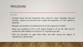 PROCEDURE
IN-VIVO
• Animals receive the test compound once a day for 5 days. Thereafter ,they are
sacrified , spleens are removed and a single cell suspension of 5*106 cells/ml is
prepared.
• Mitogens are titrated in 0.1/well and 0.1ml of cell suspension is added.
• Plates are incubtaed at 37°c in 5% carbon dioxide in air for 48- 60hr and for
another 8hr after addition of 0.25micro 3H- thymidine per well.
• Cells are harvested on glass fibre filters and after drying the degree of
radioactivity is determined.
 