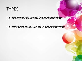 TYPES
• 1. DIRECT IMMUNOFLUORESCENSE TEST
• 2. INDIRECT IMMUNOFLUORESCENSE TEST
 