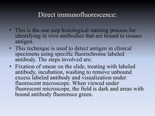 Direct immunofluorescence:
• This is the one step histological staining process for
identifying in vivo antibodies that are bound to tissues
antigen.
• This technique is used to detect antigen in clinical
specimens using specific fluorochrome labeled
antibody. The steps involved are:
• Fixation of smear on the slide, treating with labeled
antibody, incubation, washing to remove unbound
excess labeled antibody and visualization under
fluorescent microscope. When viewed under
fluorescent microscope, the field is dark and areas with
bound antibody fluorensce green.
 