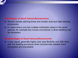 Advantages of direct immunofluorescence:
 Shorter sample staining times and simpler dual and triple labeling
procedures.
 In cases where one has multiple antibodies raised in the same
species, for example two mouse monoclonal, a direct labeling may
be necessary.
Disadvantages of direct immunofluorescence:
 Lower signal, generally higher cost, less flexibility and difficulties
with the labeling procedure when commercially labeled direct
conjugates are unavailable
 